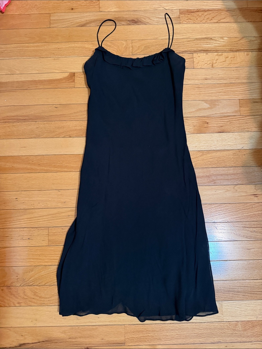 Ralph Lauren Black Midi Slip Dress with Ruffle Neckline